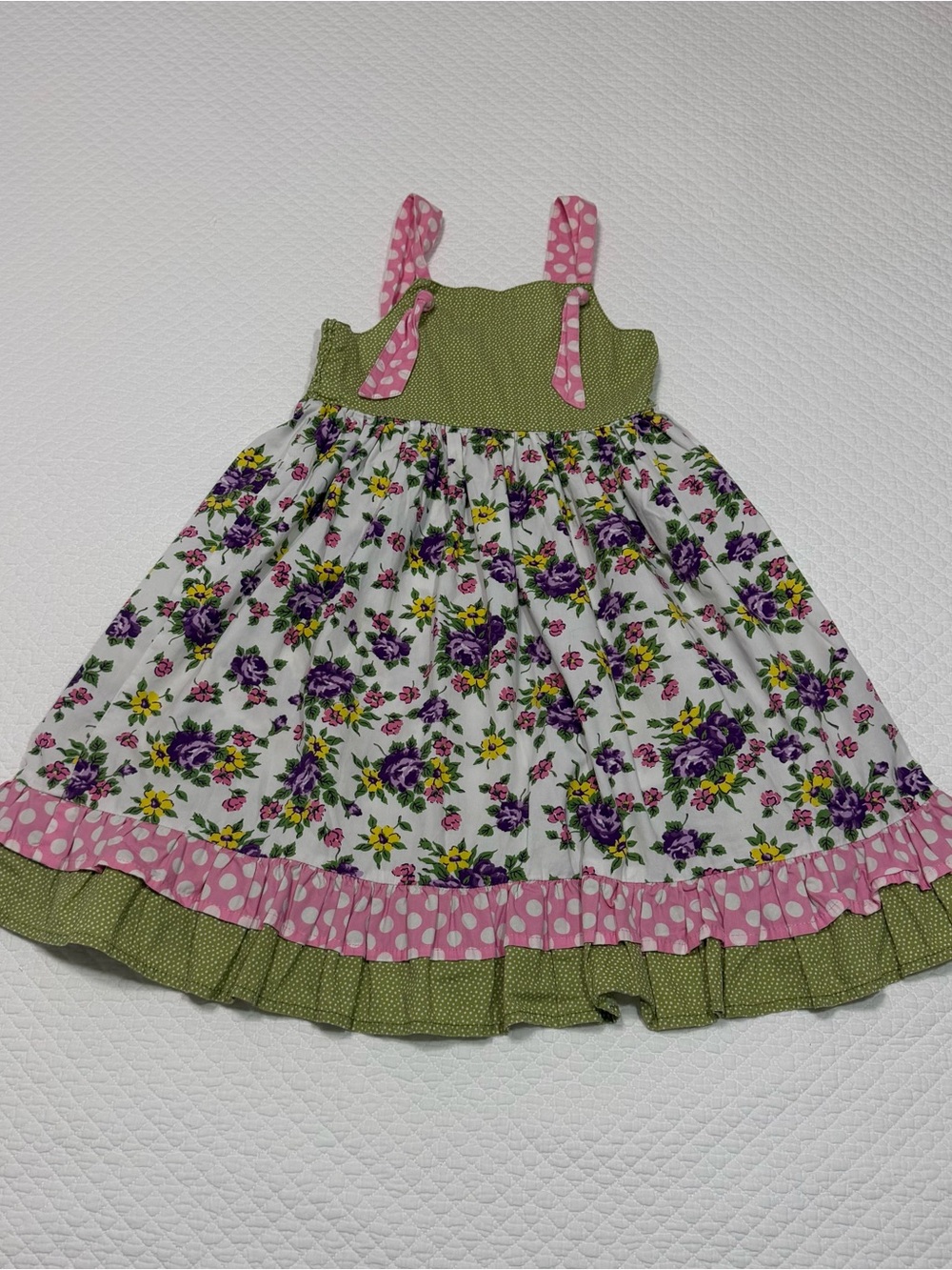 Girls White Floral Tiered Sundress with Pink Polka Dot Accents